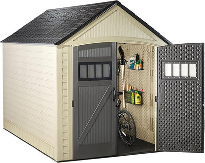 Rubbermaid Resin Outdoor Storage Shed With Floor (7 x 10.5 Ft) Weather Resistant, Brown Gable, Organization for Home/Backyard/Garden Tools/Lawn Mower/Bike Storage/Pool Supplies