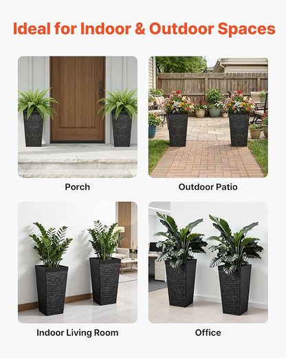 VEVOR Set of 2 Tall Planters for Outdoor Plants 23 inch, Black Tall Planter for Indoor Plants, Modern Planters for Front Porch Patio Balcony, Plant Container Flower Pots with Built-in Drainage
