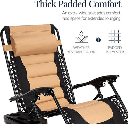 Best Choice Products Oversized Padded Zero Gravity Chair, Folding Outdoor Patio Recliner, XL Anti Gravity Lounger for Backyard w/Headrest, Cup Holder, Side Tray, Polyester Mesh - Tan