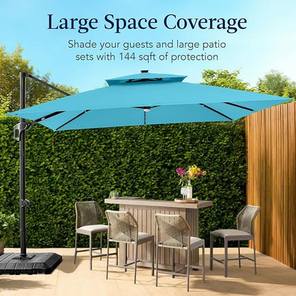 Best Choice Products 12x12ft LED Cantilever Patio Umbrella w/Base Included & 360° Rotation, Large Solar Offset Hanging Outdoor Sun Shade for Deck, Backyard Table w/Stand & Lights – Sky Blue