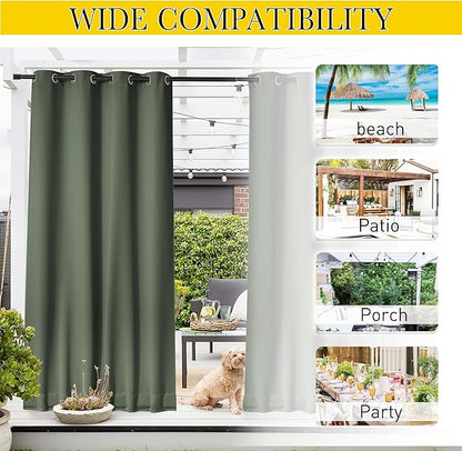 NICETOWN 2 Panels Weighted Blackout Outdoor Curtains for Patio Waterproof, Grommet & Back Tab on top and Bottom Windproof Privacy Thermal Drapes for Cabana with Fixed Rope, W52 x L95, Greyish Green