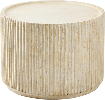 Christopher Knight Home Yunara 17" H Lightweight Concrete End Table with Stunning Fluted Design, Indoor Outdoor Accent Side Table, Travertine Effect Round Coffee Table, No Assembly, Natural