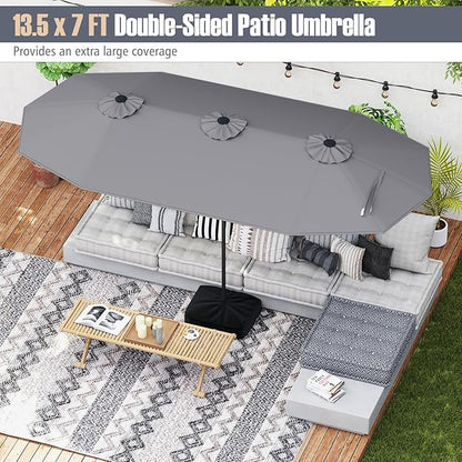 Tangkula 9 Piece Rattan Outdoor Dining Set with 13Ft Umbrella for 6, Outdoor Wicker Table Set with 6 Cushioned Armchairs, Acacia Wood Top, Outdoor Umbrella & with Base Included