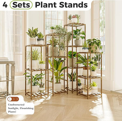 Bamworld 4 Sets Tall Plant Stands Indoor Outdoor Combo Plant Shelves Wooden Plant Holder Rack for Multiple Plants Flower Stands for Living Room Balcony Garden Patio Lawn Window