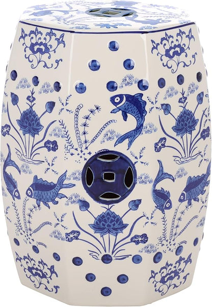Decorative Garden Stool with Blue Ceramic Seat and Stone Frame