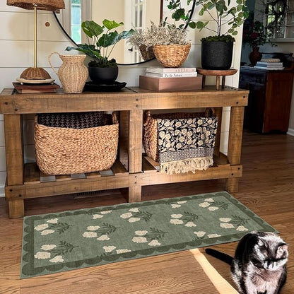 Outdoor Rug Door Mat with Floral Design, Sage Green, 2 x 4.25 ft