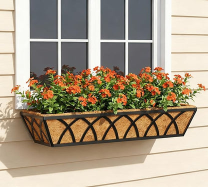 Y&M 24 Inch Fence Metal Hanging Flower Planter Window Basket Deck Railing Planter Boxes for Outdoor Garden Lawn， Window Deck with Coco Liner,6pcs