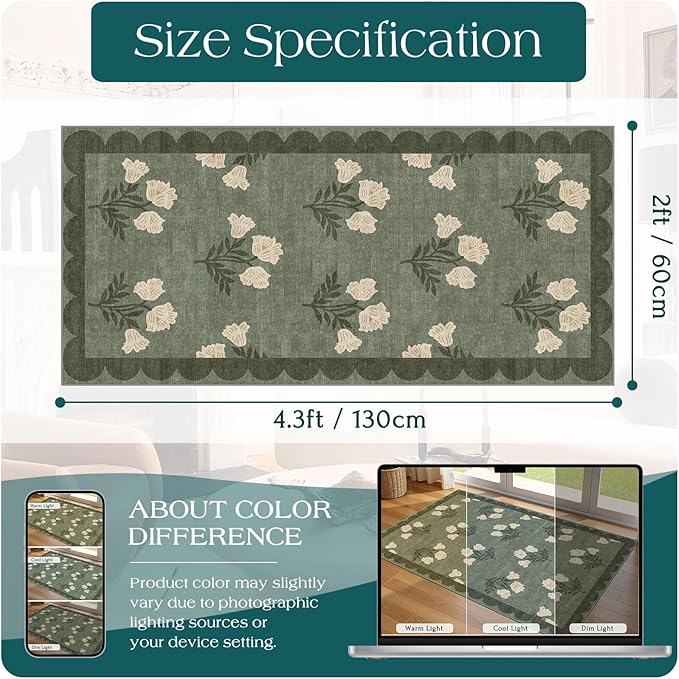 Outdoor Rug Door Mat with Floral Design, Sage Green, 2 x 4.25 ft