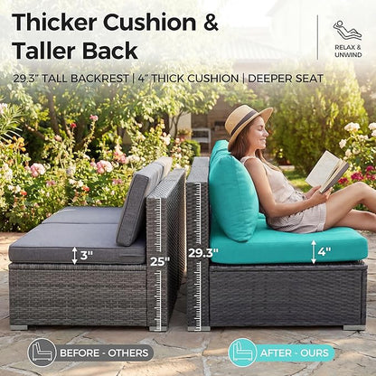 NICESOUL 7 Piece XL Large Modern Outdoor Furniture Sofa Set, 29.3'' High Back Wicker Patio Modular Sectional with Tables, All-Weather Deep Conversations for Backyard, 2 Color Cushion Turquoise & Gray