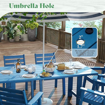 AMERLIFE 7-Piece HDPE Outdoor Dining Set with Umbrella Hole, 71" L Patio Table and Chairs Set for 6, Modern Garden Dining Set for Backyard, Poolside, Porch, Seaside, Blue
