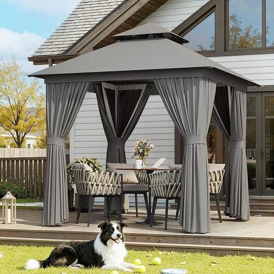 Aoxun Outdoor Gazebo for Patio 8x8, Metal Frame Canopy with Double Roofs, Heavy Duty Party Tent and Shelter with Mosquito Netting and Privacy Screen for Backyard, Lawn, Garden, Deck (Grey)