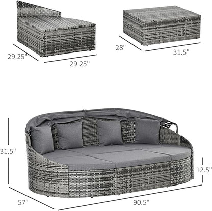 Outsunny 4-Piece Outdoor Rattan Furniture Set, Round Convertible Patio Daybed or Sunbed, Sectional Sofa with Canopy, Pillows, Cushions, Footrest, Table, PE Plastic Wicker, Gray