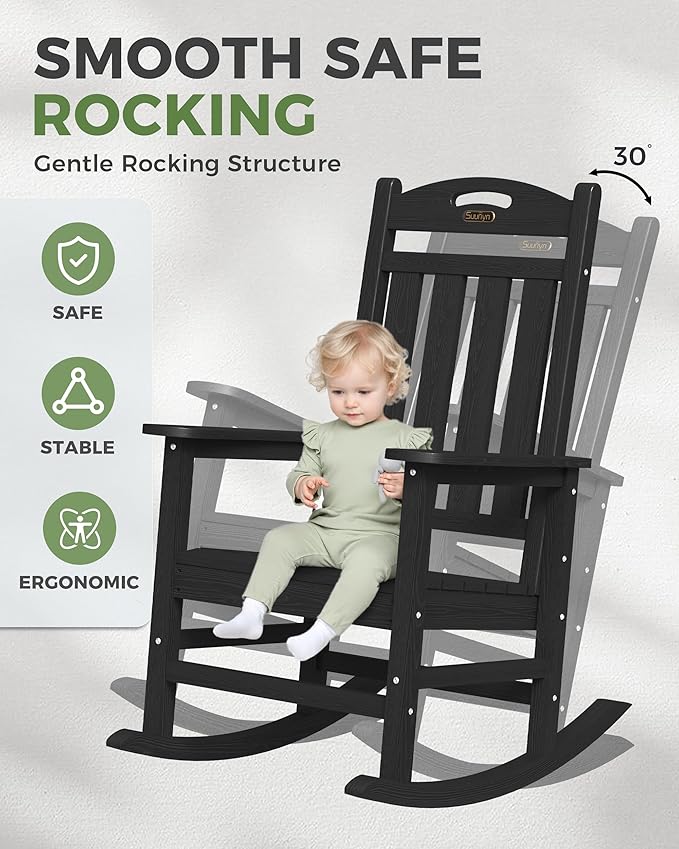 Rocking Chairs Set of 2, Black Outdoor Chairs with 30-Inch High Back