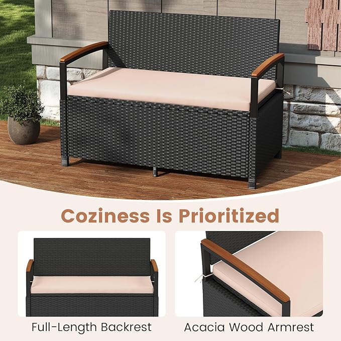 Outdoor Storage Bench in Black Rattan with 46-Gallon Storage
