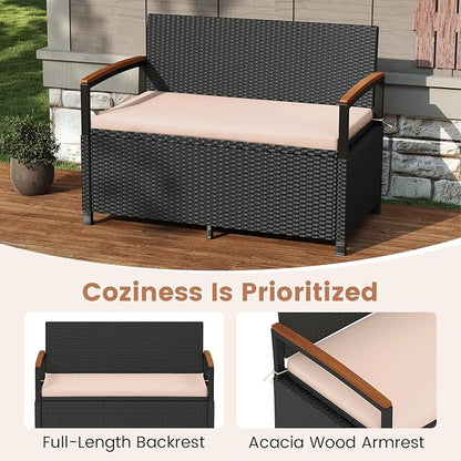 Outdoor Storage Bench 46 Gallon Black Beige PE Rattan Loveseat
