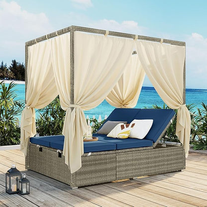 Patio Chaise Lounge,PE Rattan Outdoor Patio Wicker Adjustable Outdoor Sun Bed with Four-sided Canopy and Comfortable Blue Cushion – Versatile Use for Patio, Garden, and Poolside