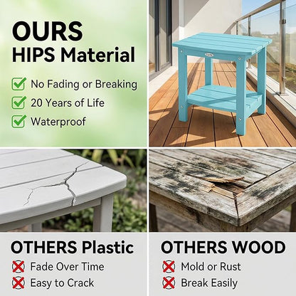 Y&M Outdoor Side Table, HIPS Adirondack Small Double Layer Table, Waterproof Square Outside Table, Balcony End Tables for Patio, Pool, Porch, Deck, Indoor or Outdoor Use, Light Blue