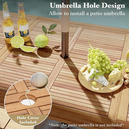 Tangkula 86.5" Large Patio Dining Table for 8, Acacia Wood 8-Person Dining Table with 2" Umbrella Hole & Metal Legs & Adjustable Foot Pads, Rectangular Outside Table for Garden, Poolside & Backyard