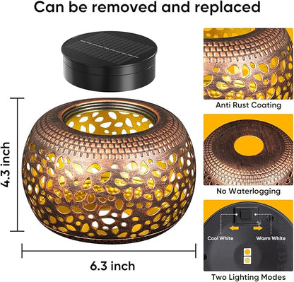 Solar Lanterns Outdoor Waterproof Decor: 2 Pack Red Copper Hollow Out Retro Metal Solar Lights - Unique Gardening Gifts for Women Mom - Outside Patio Porch Yard Tabletop Decorations 2 Lighting Modes
