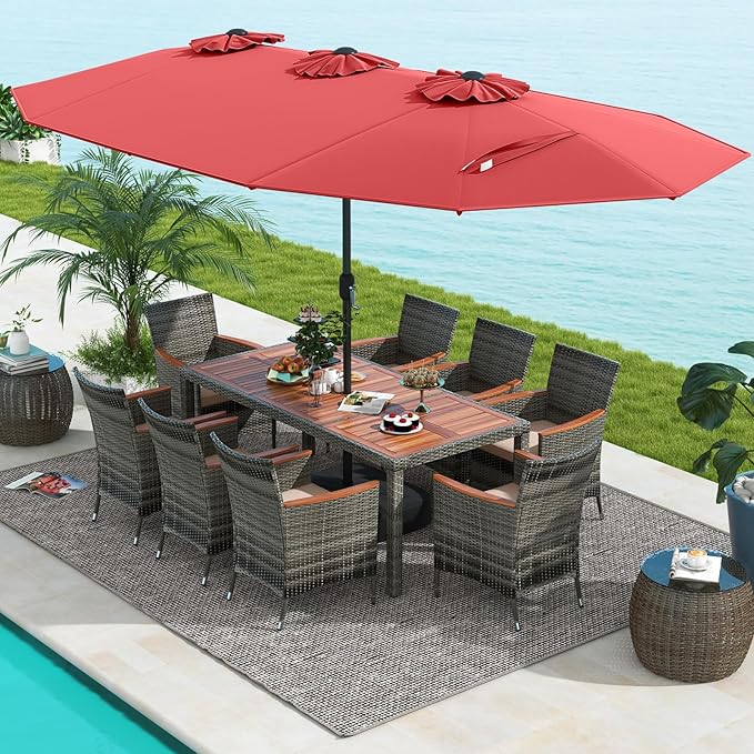 Tangkula 10 Pieces Patio Wicker Dining Set w/Double-Sided Patio Umbrella, Outdoor Acacia Wood Furniture Set w/ 8 Armchairs, 71” Dining Table & 15 ft Umbrella with Weighted Base (Wine)