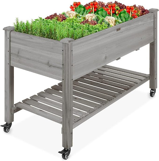 Best Choice Products Raised Garden Bed 48x24x32-inch Mobile Elevated Wood Planter w/Lockable Wheels, Storage Shelf, Protective Liner - Gray