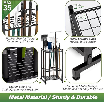 Garden Tool Organizer, Yard Tool Tower Rack for Garage Organization and Storage, Up to 35 Long-Handled Tools/Rakes/Brooms, Heavy Duty Steel Garden Tool Stand for Shed, Outdoor, Black