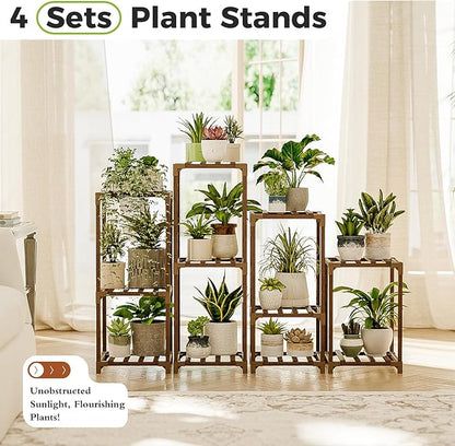Bamworld Plant Stands Indoor 4 Sets Plant Shelves Outdoor Wooden Plant Holder for Multiple Plants Flower Stands Window