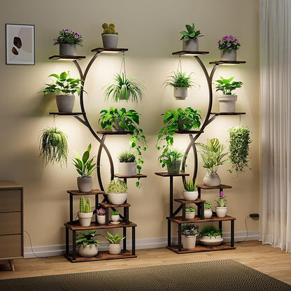 Plant Stand Indoor with Grow Lights 9 Tiered Wood Plant Shelf 62" Tall Plant Stand Metal Frame for Indoor Plants Multiple Flower Pot Holder, Large Plant Rack for Living Room Patio Corner 2 Pack
