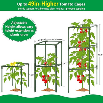 6 Pack Square Tomato Cages, 49.2" Large Upgraded Heavy Duty Steel Tomato Trellis Stakes, Garden Plant Support Cages Kit for Raised Garden Bed, Cucumber Trellis Vegetables and Climbing Plants
