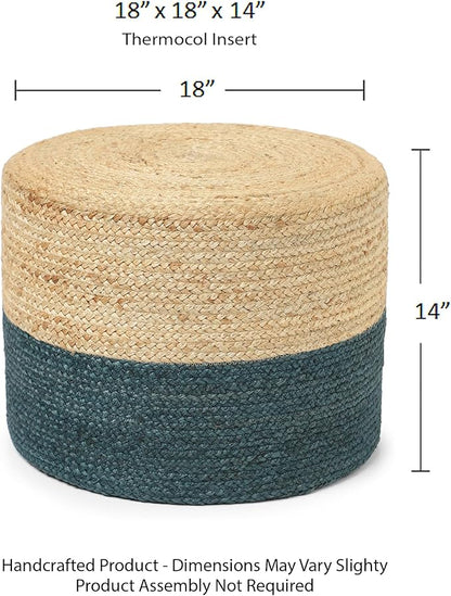 REDEARTH · Cylindrical Pouf Foot Stool Ottoman - Jute Braided Pouffe Poof Accent Sitting Footrest for Living Room, Bedroom, Nursery, Patio, Lounge & Other Rooms (Natural Teal, 18"x18"X14")
