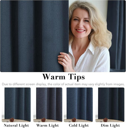 H.VERSAILTEX Primitive Linen Curtains 100% Blackout Curtain Drapes Burlap Fabric Curtains with White Thermal Insulated Liner, Grommet Top Drapes Living Room/Bedroom (2 Panels, 42 x 63 Inch, Navy)