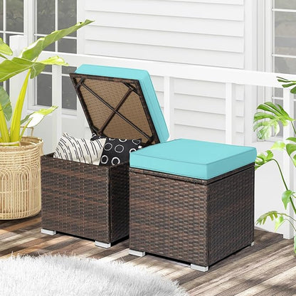 RELAX4LIFE Wicker Outdoor Storage Ottoman, 2-Piece Rattan Footstool w/Removable Cushion, Multipurpose Footrest Stool Side Table Additional Seating, Set of 2 Outdoor Ottomans for Patio Deck (Turquoise)