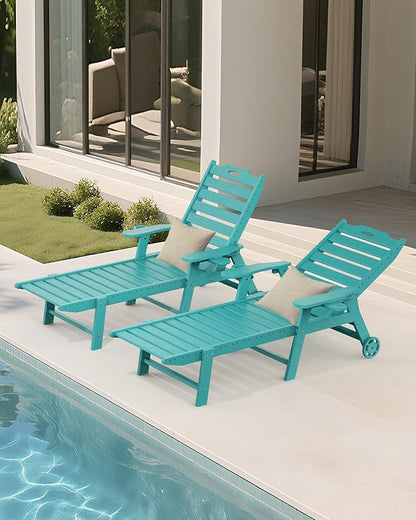 Carauci Lounge Chair Outdoor Set of 4, HDPE Chaise Lounge with Wheels, 5-Position Adjustable Backrest & 2 Cup Holders Patio Lounge Chair, All-Weather Pool Sun Lounger for Poolside, Backyard, Lake Blue
