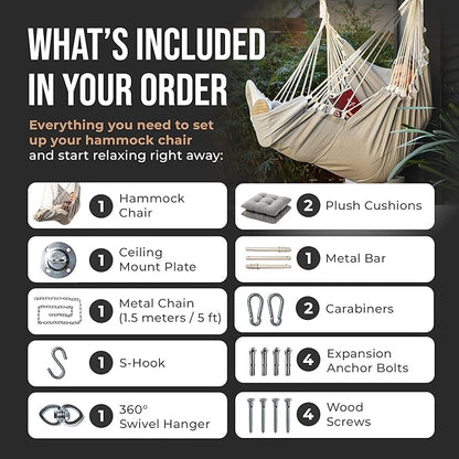 Hanging Hammock Chair Swing – Hanging Chair Outdoor & Indoor - Hammock Swing Chair – Quick & Easy Setup with Hardware Kit – Durable & Spacious Full Body Support with 2 Plush Cushions – Holds 440 Lbs