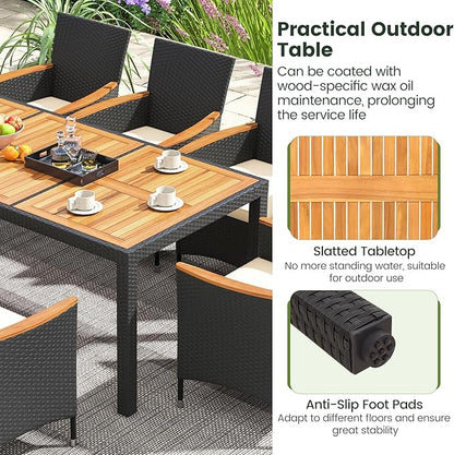 Tangkula 9 Pieces Rattan Outdoor Dining Set for 8, Outdoor Acacia Wood Table Set with 8 Cushioned Wicker Chairs, Umbrella Hole, Patio Dining Furniture Set for Deck Pool Backyard