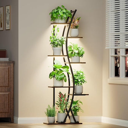 62“ Plant Stand Indoor with Grow Lights - 7 Tiered Tall Metal Plant Shelf - Corner Wooden Plant Stand for Indoor Plants Multiple, Large S-Shape Flower Rack Holder for Living Room, Garden, Patio Decor