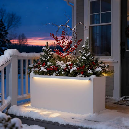 GSK 30" L White LED Metal Planter with Light Outdoor Illuminate Magnetic 3000K Lighting Strips Rectangular Flower Box Rectangle Trough Drainage Holes Indoor Patio Balcony Garden