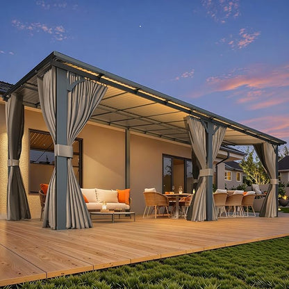AECOJOY 20' x 10' Outdoo Gazebo for Patio with Curtains and Netting, Large Wall-Mounted Pergolas and Gazebos Clearance Hardtop 10x20 Lean to Metal Gazebo with Patio Roof, Heavy Duty Awnings for Patio