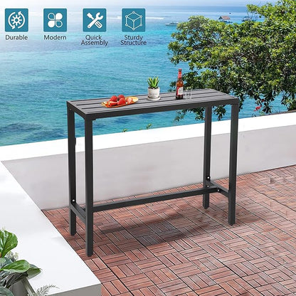 Outdoor Bar Table, Patio Console Pub Height Tables with Powder Coated Steel Frame, Weather Resistant Waterproof Top for Hot Tub, Balcony, Garden, Yard, Poolside (Black, 47" Narrow Bar Table)