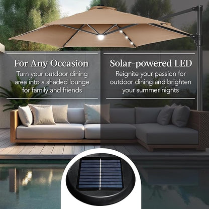 Best Choice Products 10ft Solar LED Offset Cantilever Hanging Market Patio Umbrella, Smooth 360° Rotation, 8 Sturdy Ribs, Easy Adjustment - Tan