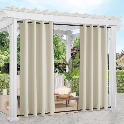 NICETOWN 2 Panels Beige Outdoor Curtains for Patio Waterproof, Sunlight Block Rustproof Grommet Top and Bottom Windbreak Heavy Weight Fixed Outdoor Drapes for Pergola, W52 x L108