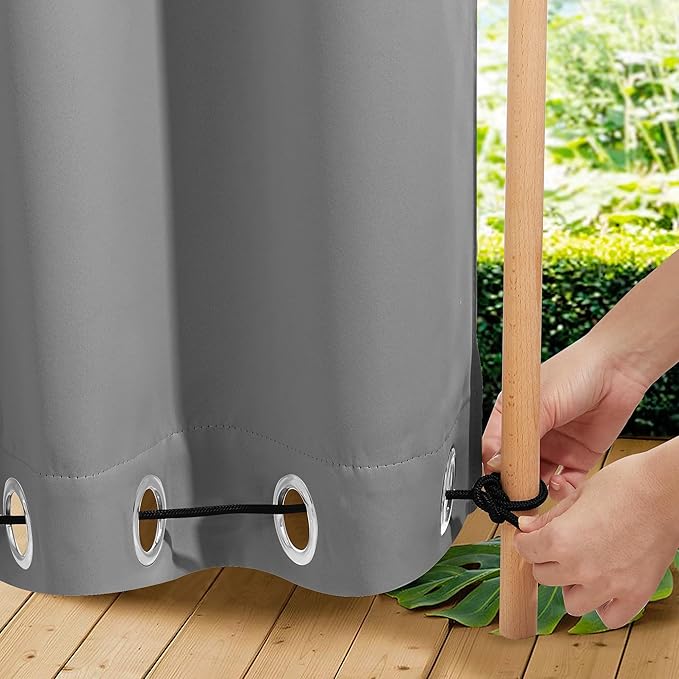 NICETOWN 2 Panels Weighted Outdoor Curtains for Patio Waterproof, Thermal Insulated Grommet & Back Tab on Top & Bottom Windproof Sun Blocking Draperies for Gazebo with Rope, Silver Grey, W66 x L84