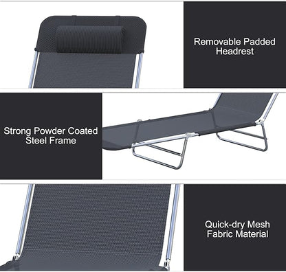 Outsunny Folding Chaise Lounge Pool Chairs, Outdoor Sun Tanning Chairs with Pillow, Reclining Back, Steel Frame & Breathable Mesh for Beach, Yard, Patio, Black