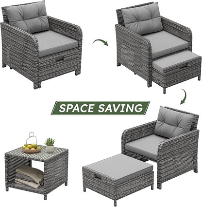 LHBcraft Balcony Furniture 5 Piece Patio Chairs Conversation Set, PE Wicker Rattan Outdoor Lounge Chairs with Soft Cushions 2 Ottoman-Glass Table for Porch, Charcoal