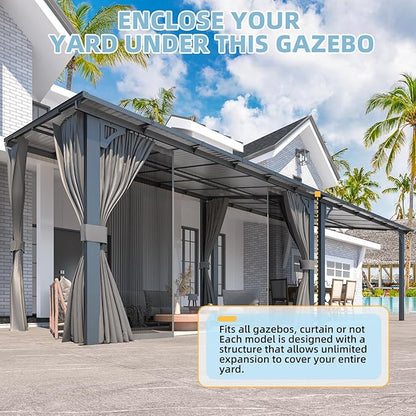 AECOJOY 12' x 8' Gazebo Outdoor Pergola with Curtains and Netting, 8'x12' Hard Top Lean to Pergolas and Gazebos Clearance with Patio Roof, Large Wall-Mounted Heavy Duty Awnings for Patio, Decks