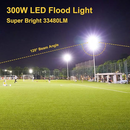300W LED Flood Light Outdoor,2000W Equivalent 5000K Daylight White Super Bright FloodLight with Plug,43500LM IP66 Waterproof Commercial Lighting for Sports Fields,Counts,Arena,Stadium