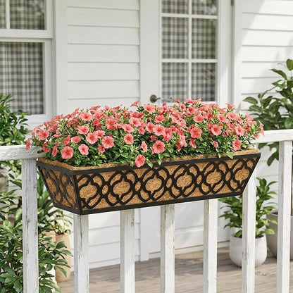 Y&M 24in Window Planter Box 4Pcs Iron Railing Planter with Coco Liner for Outdoor Balcony Rail, Fence, Porch, Patio