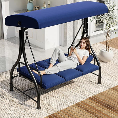 U-MAX Porch Swing Chair with Adjustable Backrest&Canopy, 3 Seat Patio Swing with Canopy 2-in-1 Convertible Outdoor Swing with Canopy Patio Daybed with Removable Blue Cushions for Adults