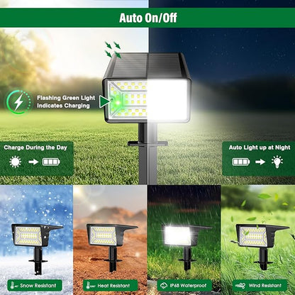 Solar Spot Lights Outdoor with 60 LED & Auto On/Off, 2 Pack Solar Lights Outdoor Waterproof IP68 with 3 Lighting Modes, 2-in-1 Solars Landscape Light for Outside, Garden, Yard(Cool White)