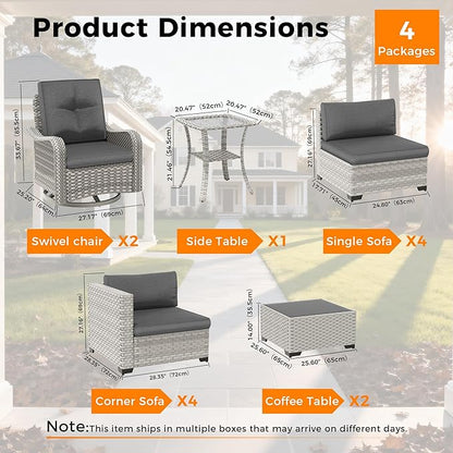 10-Seat Modern Patio Furniture Set with Swivel Rocking Chairs, Thick 4″ Cushions, Dual-Strand Wicker Rattan, Rust-Resistant Steel Frame – Outdoor Conversation & Modular Sectional,Black
